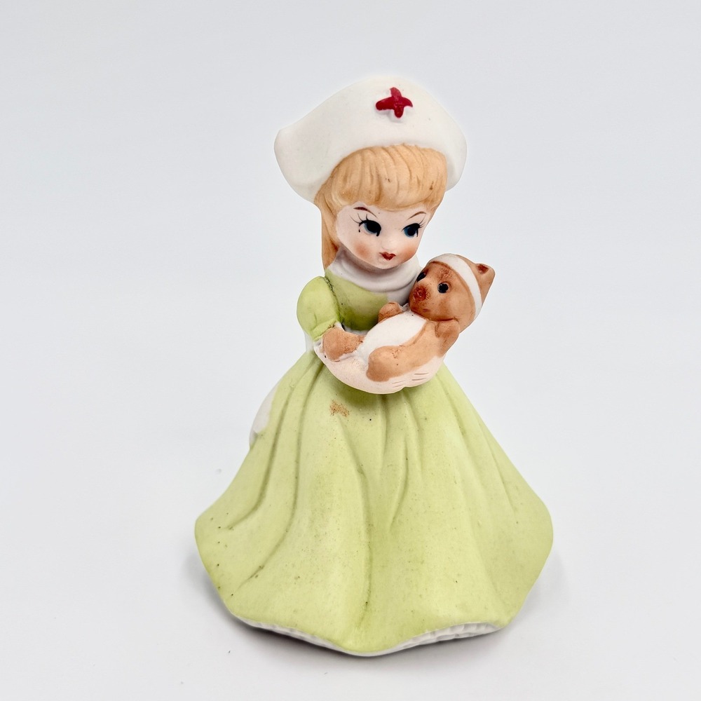 Vintage Japan Porcelain Nurse Figurine‎ Green Dress Holding Teddy Bear Bisque